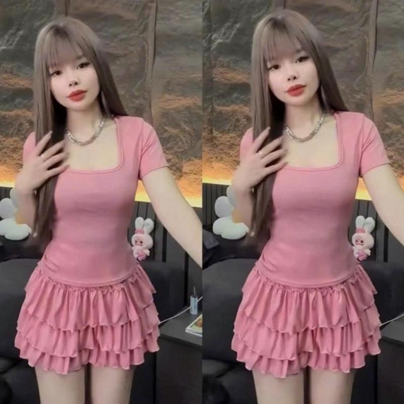 [B69] Sét bộ nữ chân váy tầng kèm áo cổ vuông tay ngắn size dưới 55kg  Phong Cách Trẻ Trung Năng Động