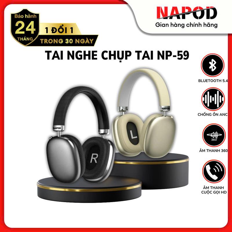 [TPT - NAPOD] Tai Nghe Chụp Tai Chính Hãng NAPOD NP59 Bluetooth 5.4 Chip jerry Âm Thanh 8D Chống Ồn thiết kế Thể Thao Bảo Hành 2 năm