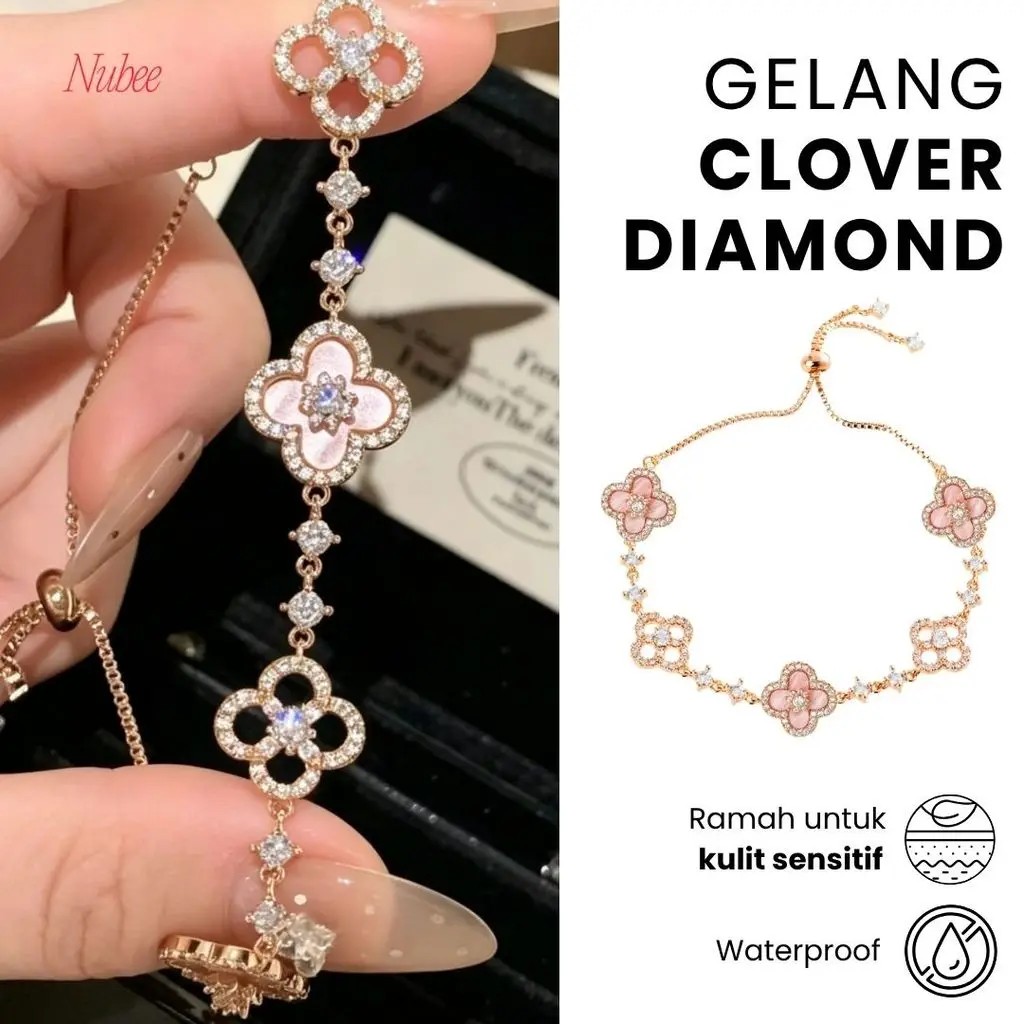 Gelang Clover Diamond Premium Rose Gold Anti Karat Waterproof Wanita Gelang Bunga Clover Elegan Fashion Jewelry