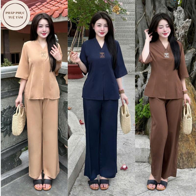 Pháp Phục đi chùa cho nữ giới chất liệu lụa tuyết mềm mát dáng La hán cổ V vạt xẻ tay lỡ