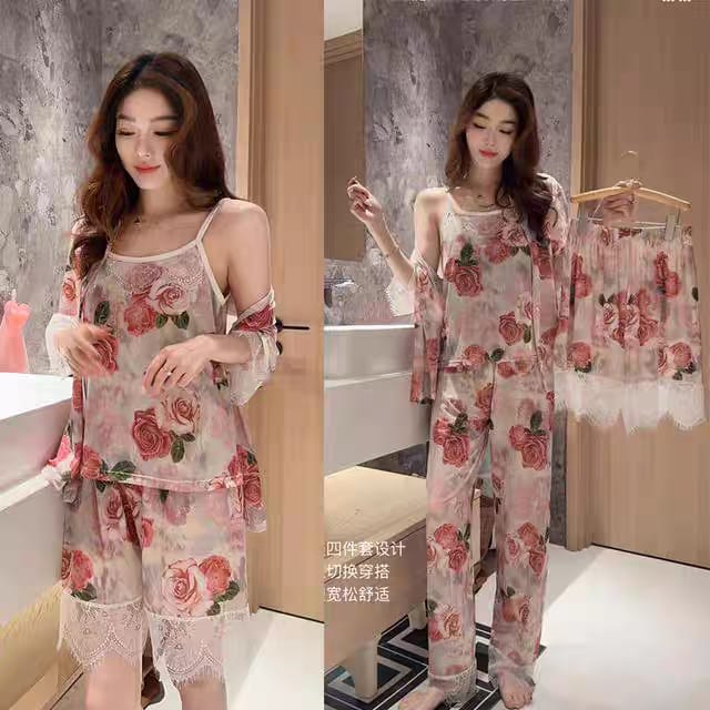 [COD] Set Piyama wanit empat potong motif bunga gaya cina baju tidur adem lembut nyaman elegan WeiweiUniqlah