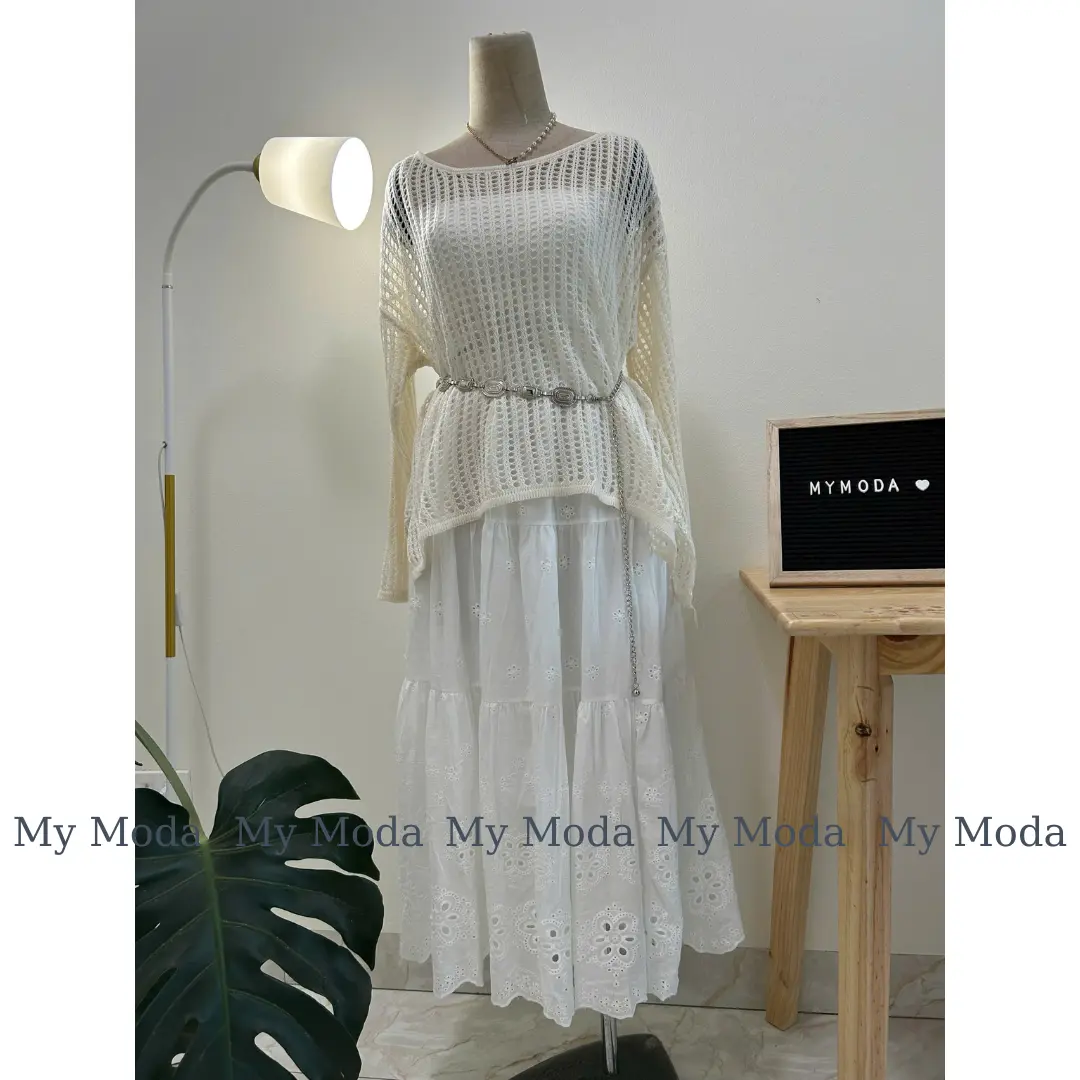 [MYMODA] Set đồ thời trang gồm áo len lưới và chân váy xòe MM612