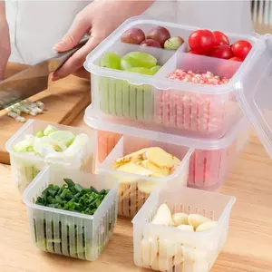 SIERRAHOME, Toples kotak tirisan saringan wadah bumbu dapur cabai bawang 4 sekat tempat buah sayuran dengan penutup toples transparan
