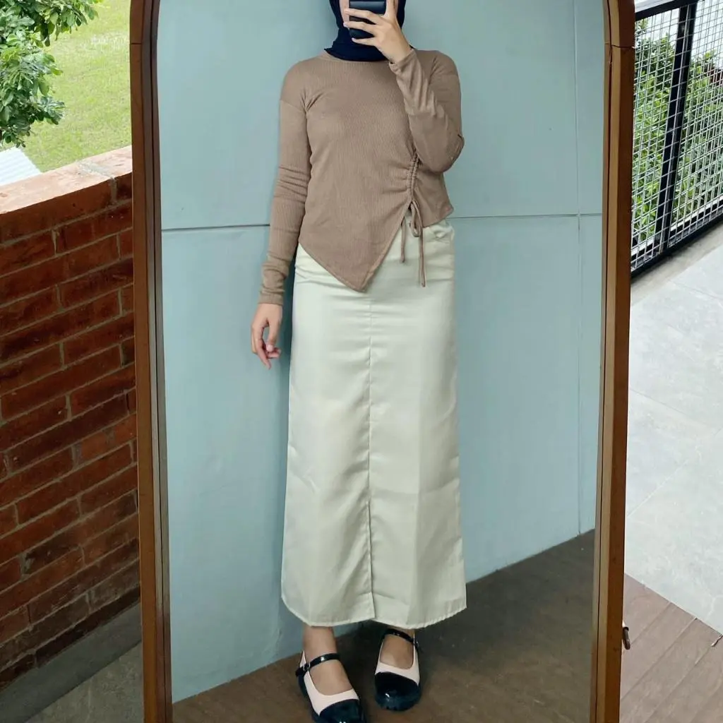 Rok Span Panjang Basic Katun Drill Belah Depan Style Outfit Korea Wanita Casual Kantor Kerja