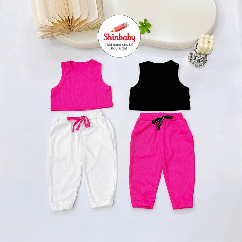   Shinbaby  Áo Croptop Quần Bom Nơ Dài Cho Bé Gái Thun Tăm Co Giãn Mềm Mát Năng Động Dễ Thương 