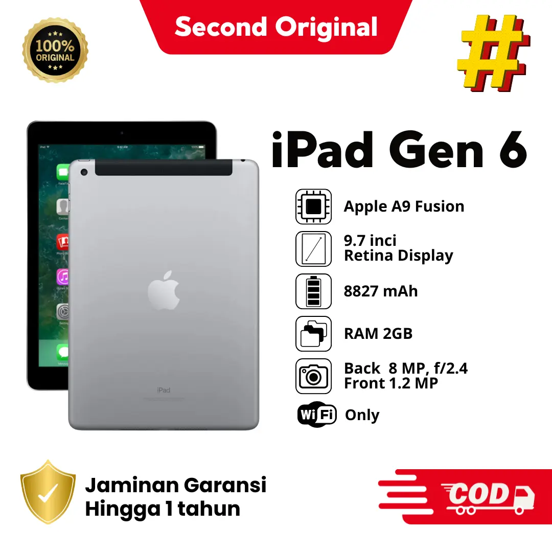 #[SECOND] iPad Gen 6 Apple Original Bekas | Bergaransi | Siap Kirim | Bisa COD | Termurah | Versi Full Update IOS 17 | Kerja | Game | Peforma Tertinggi