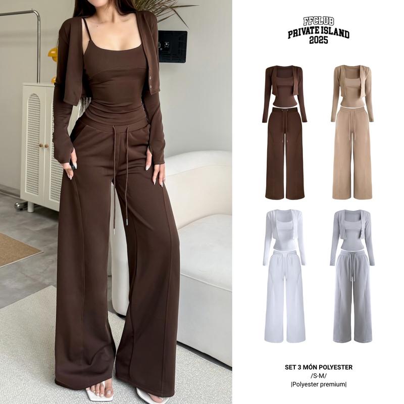 CÓ TÁCH SET ÁO CARDIGAN THUN POLY + ÁO TANKTOP 2 DÂY THUN POLY CHIẾT EO & QUẦN DÀI ỐNG SUÔNG POLY PHỐI GÂN - FRIENDS FOREVER CHÍNH HÃNG