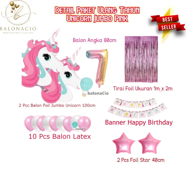 Paket Balon Ulang Tahun Unicorn Jumbo 02 - tema anak perempuan Balon Pink Putih 1
