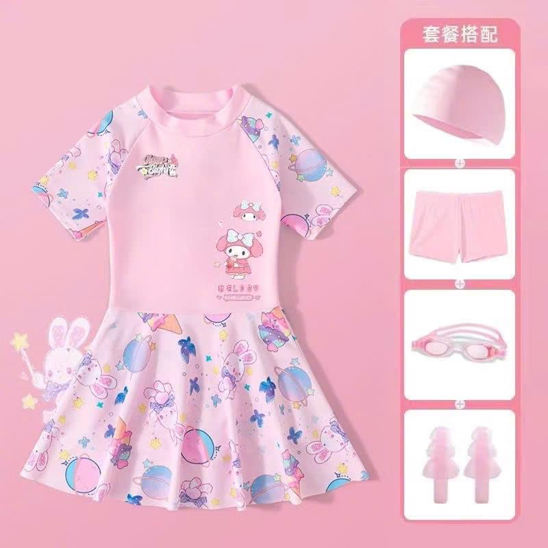 Bk20 Bikini giả váy liền thân giả váy kèm quần + mũ in hình kuromi, cinnamoroll 14 -45kg cho bé gái đi biển, di du lịch, học bơi