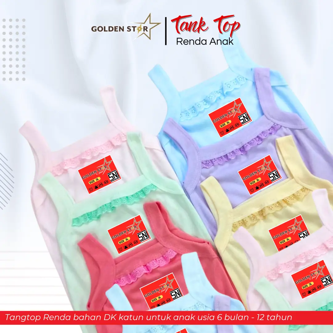 Grosir 6 & 12 pcs Tanktop Anak Perempuan Renda Warna Warni bayi 1 thn - 13 tahun / Singlet Anak Perempuan / Kaos Dalam Anak Perempuan 6–12 thn Warna putih Golden Star kaos dalam anak cewek 12–15 thn Katun xl 13-14 tahun pakaian dalam baju dalaman Fashion