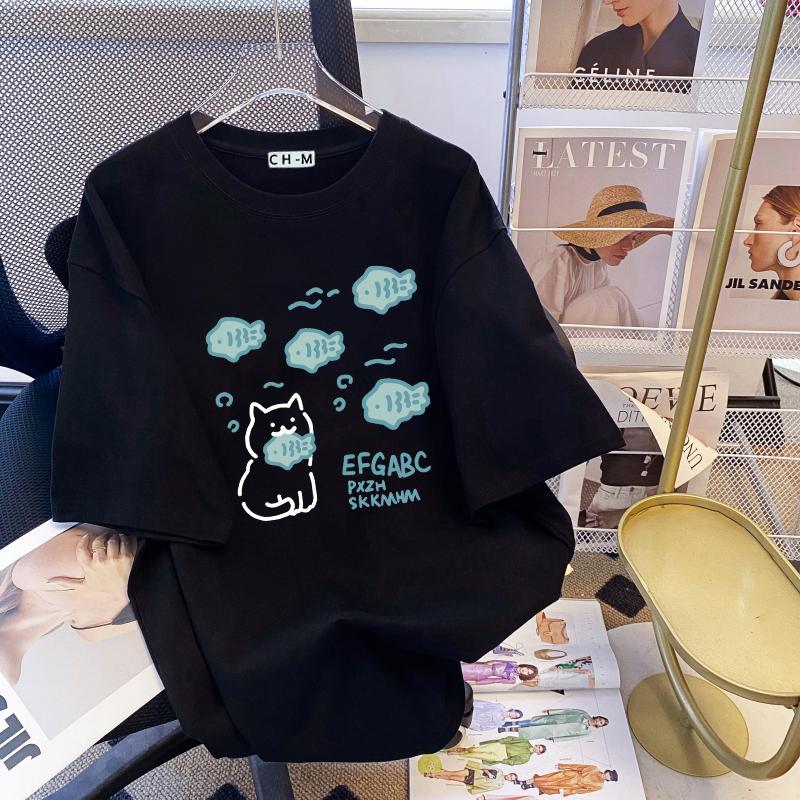 Product Introduction of 【CHMian mall】T-SHIRT WANITA - KAOS Cat putih&hitam OVERSIZE Round Neck Lengan pendek  kaos  wanita terlaris/ kaos  murah 4