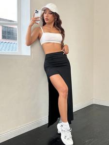 Falda maxi de cintura alta con frunces, estilo ajustado con shorts y abertura lateral, patrón liso, tipo de ropa para la parte inferior, elegante y cómoda
