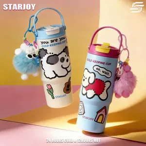 STARJOY Tumbler Isolasi Vakum dengan Sedotan Gelas Kopi Keramik Kapasitas Besar Seri Kartun​–Mug Stainless Steel Kapasitas Besar, Cocok untuk Mobil dan Dibawa Saat Bepergian,Lapisan Dalam Keramik