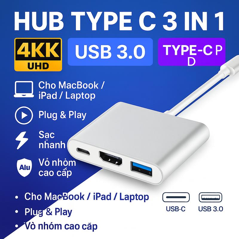 Hub Type C 3 trong 1 to HDMI 4K-30Hz cho Macbook iPad Laptop Hub chuyển đổi type C sang HDMI Cổng chuyển đổi Type C