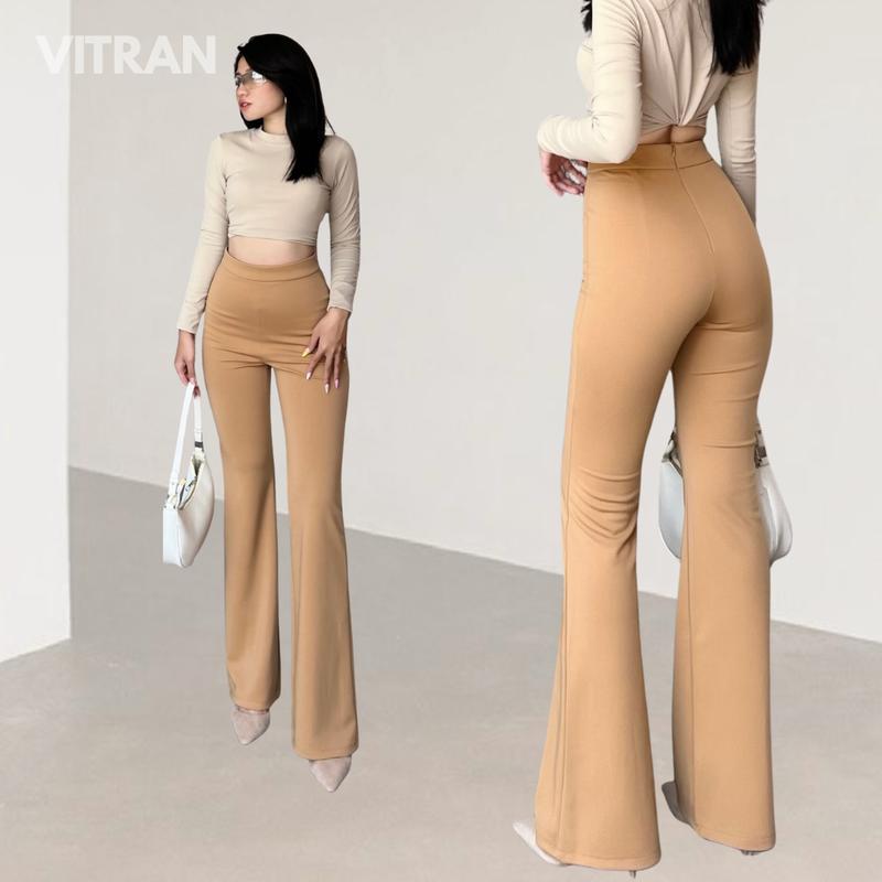 VITRAN BOUTIQUE Quần Ống Loe Lưng Cao Nude Thun Umi Dày Sang Nữ Dài 108cm Chất Liệu Mềm Mại Basic Minimal Cơ Bản Đơn Giãn OL