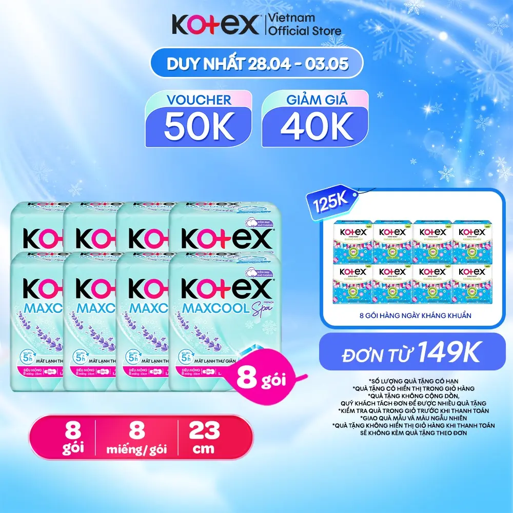 [Bao Bì Thay Đổi Theo Từng Đợt Nhập Hàng] Combo 8 gói/Combo 16 gói băng vệ sinh Kotex Maxcool French Spa siêu mỏng cánh 23cm (8M/gói)