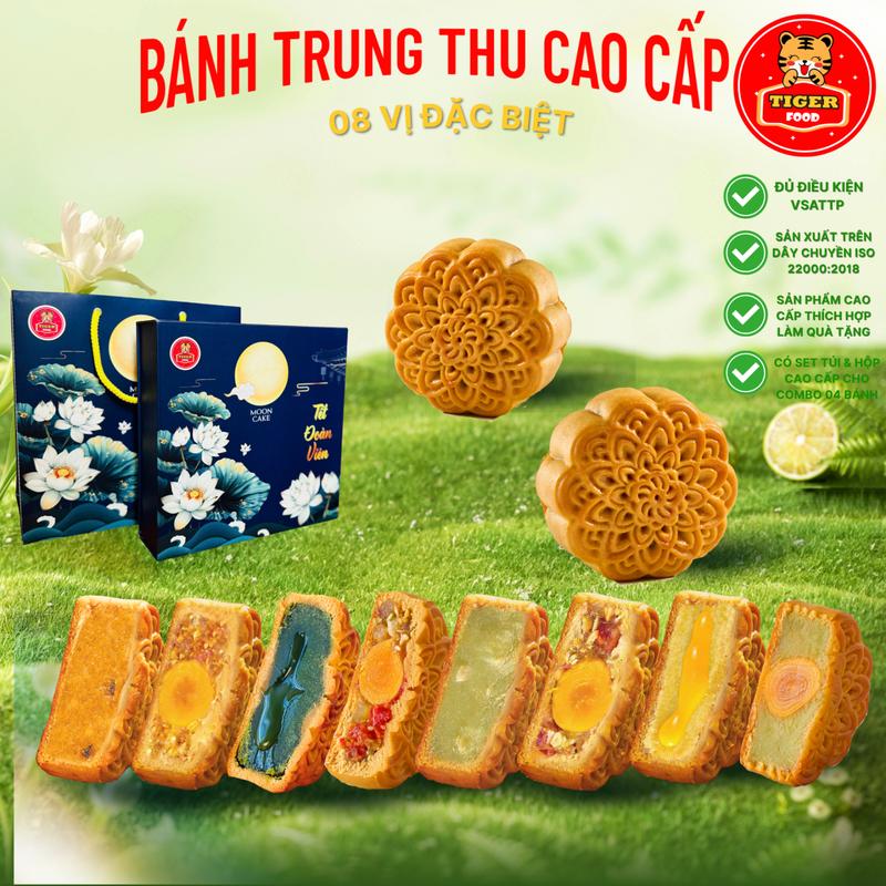 Bánh Trung Thu Cao Cấp TIGER FOOD Bánh Trung Thu 08 Vị - Nhân Thập Cẩm, Trứng Muối, Matcha,Tôm Hùm XO,Lưu Sa,Rum Nho,Gà Cay -Quà biếu tặng sang trọng 2025 Food