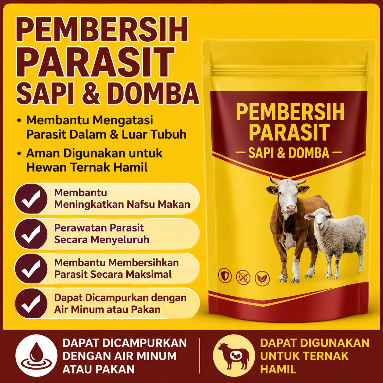 Produk perawatan parasit multifungsi untuk sapi, domba, kambing dan ayam, membantu mengatasi parasit dalam dan luar tubuh hewan ternak, aman dipakai hewan bunting, bisa dicampur air minum atau pakan untuk menjaga kesehatan ternak peternakan Anda