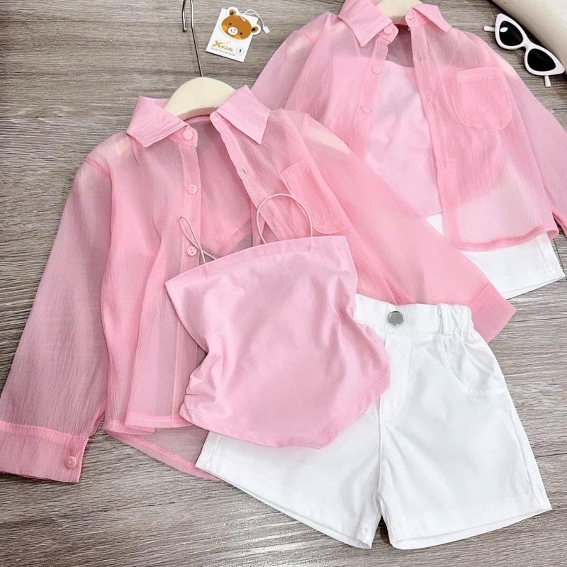 BN192 - Set 3 chi tiết bộ quần áo hai dây bún mix áo sơmi voan dài tay kèm quần short kaki cho bé gái diện mùa hè, đi biển (10-30kg) 3