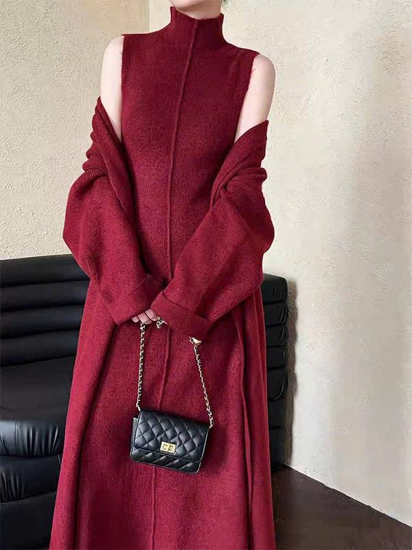 C30 Hàng QC set len 2 món gồm váy len cao cổ trơn hoạ tiết sọc và áo choàng dài ngang thân hàng quảng châu cao cấp C30