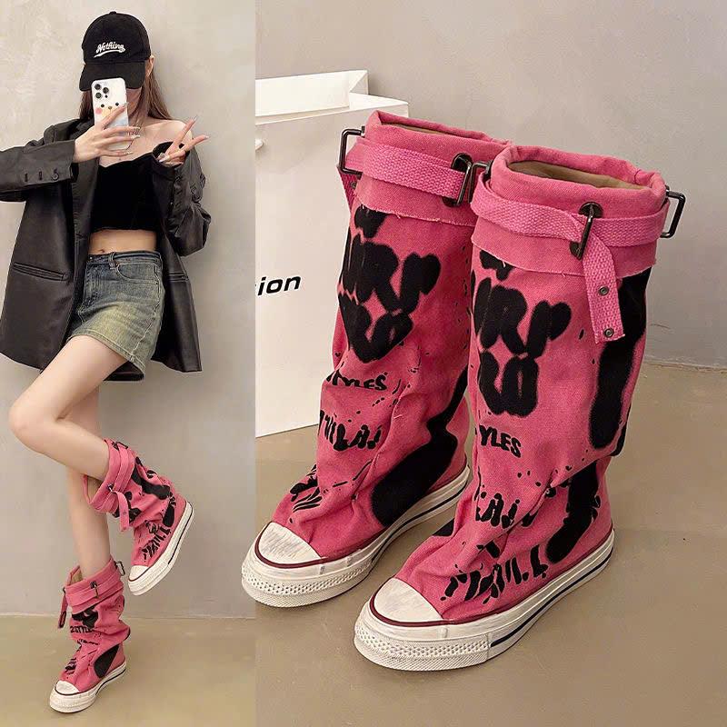 Giày Bốt nữ, Boots nữ Denim cá tính họa tiết phun loang phong cách đường phố 3 màu thời thượng