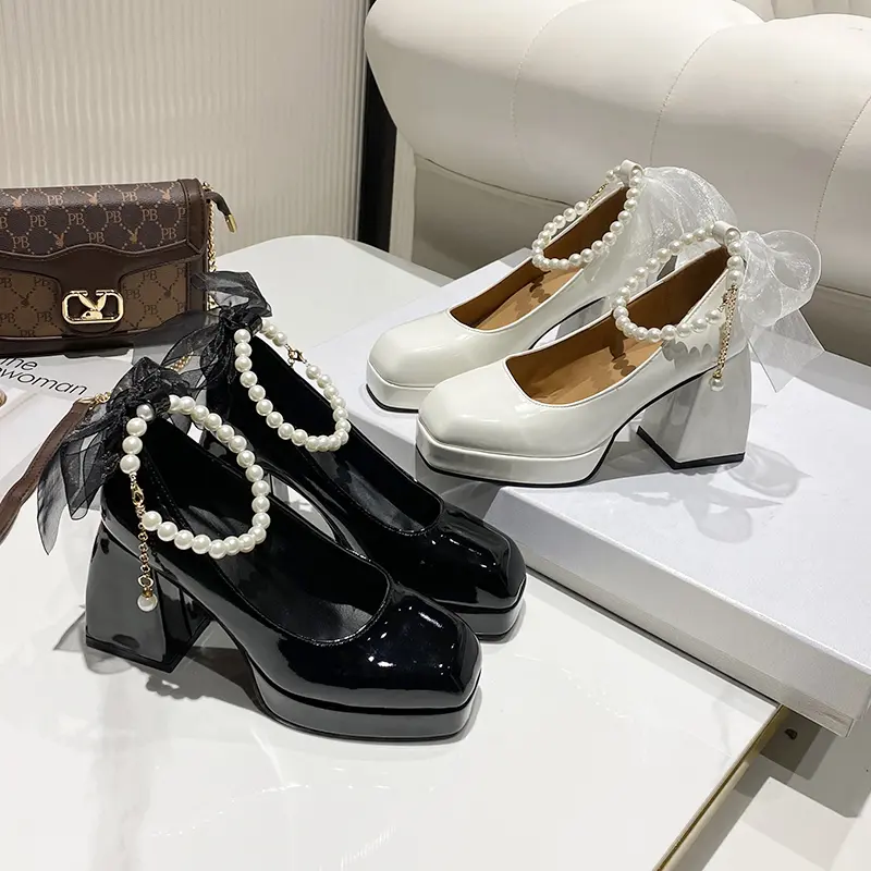 Sepatu Chunky High Heels Tahu Tinggi 9cm Wanita Tali Kekinian Import Pesta Mewah Murah Premium Kondangan Hitam Putih Terbaru Korea Elegan Glossy Wedding Big Size Ankle Strap Mary Jane Shoes - Ukuran 35 36 37 38 39 40 41 42 7