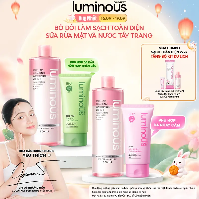 Bộ Đôi Làm Sạch Toàn Diện Gồm Sữa Rửa Mặt Và Nước Tẩy Trang Colorkey Luminous Hỗ Trợ Làm Sạch Cho Da Nhạy Cảm Và Da Dầu Mụn
