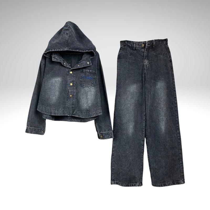  Set Jean B600 Áo Tay Dài Có Mũ Thêu Trước Sau Quần Dài Dáng Suông Thời Trang Nữ Chất Jean Mềm 