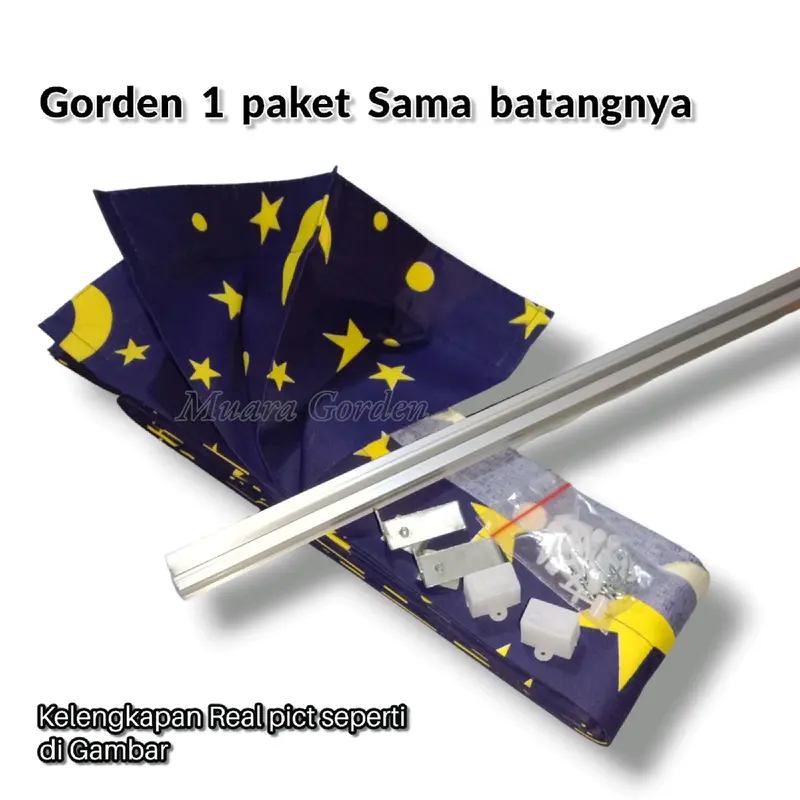 Gorden plisket Bulan Bintang 1 Set Lengkap Dengan Batang Tinggal pasang /Gorden Jendela Panjang 2 mtr / Gorden Jendela Pendek / Gorden Pintu Kamar / Gorden Jendela kamar / Gorden Murah / Hordeng 1 set lengkap / Tirai Jendela  Kain Biru Kuning 1
