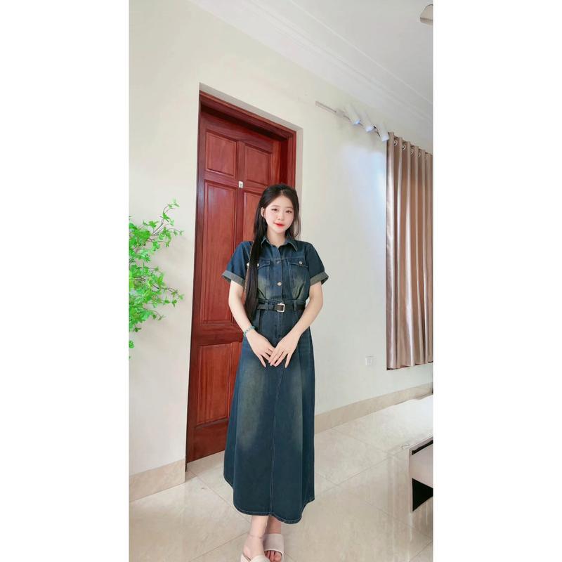 Váy jean cổ sơ mi cài khuy tay cộc DONGXU V89 (xem màu chuẩn trên live)