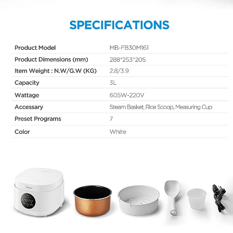 Midea Digital Rice Cooker - MB-FB30M161W 1L Beras - 5 Layer and 7 Preset Menu - Penanak Nasi Multifungsi Panci anti lengket dan anti gores-Cocok untuk 1-3 orang -FREE ONGKIR JABODETABEK 6