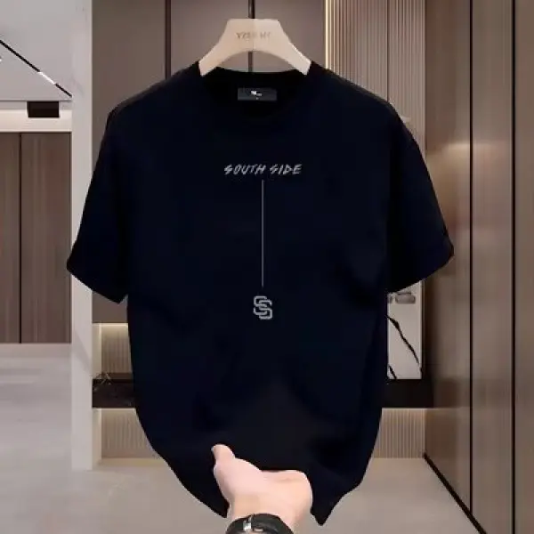 Áo Thun Cotton Ngắn Tay Cho Nam, Áo Nửa Tay Đơn Giản Và Hợp Thời Trang, Phong Cách Hàn Quốc, Thoải Mái, Thường Ngày, Mùa Hè<Vận chuyển qua biên giới, đến chậm hơn> Menswear Đen