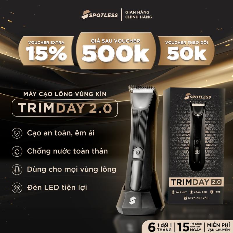 [Che tên] Máy cạo lông vùng kín nam SPOTLESS TRIMDAY 2.0 tích hợp công nghệ lưỡi cạo sứ công nghệ TRIMGUARD, đèn LED soi sáng, màn hình LED hiển thị pin - BH 6 tháng 1 đổi 1