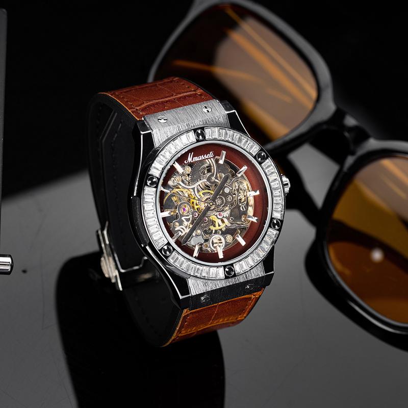   2212  lộ cơ toàn mặt 1 viền đá - Đồng hồ nam Automatic Mmassati dây demi vàng hồng – mặt xanh lá đính đá sang trọng máy cơ cao cấp 