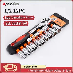 Kunci Sok Socket Set Ratchet Handle Mata Soket Drive Lengkap Kunci Set Socket Sok 12pcs Kunci Sok Wrench 1/2" Rachet Handle
