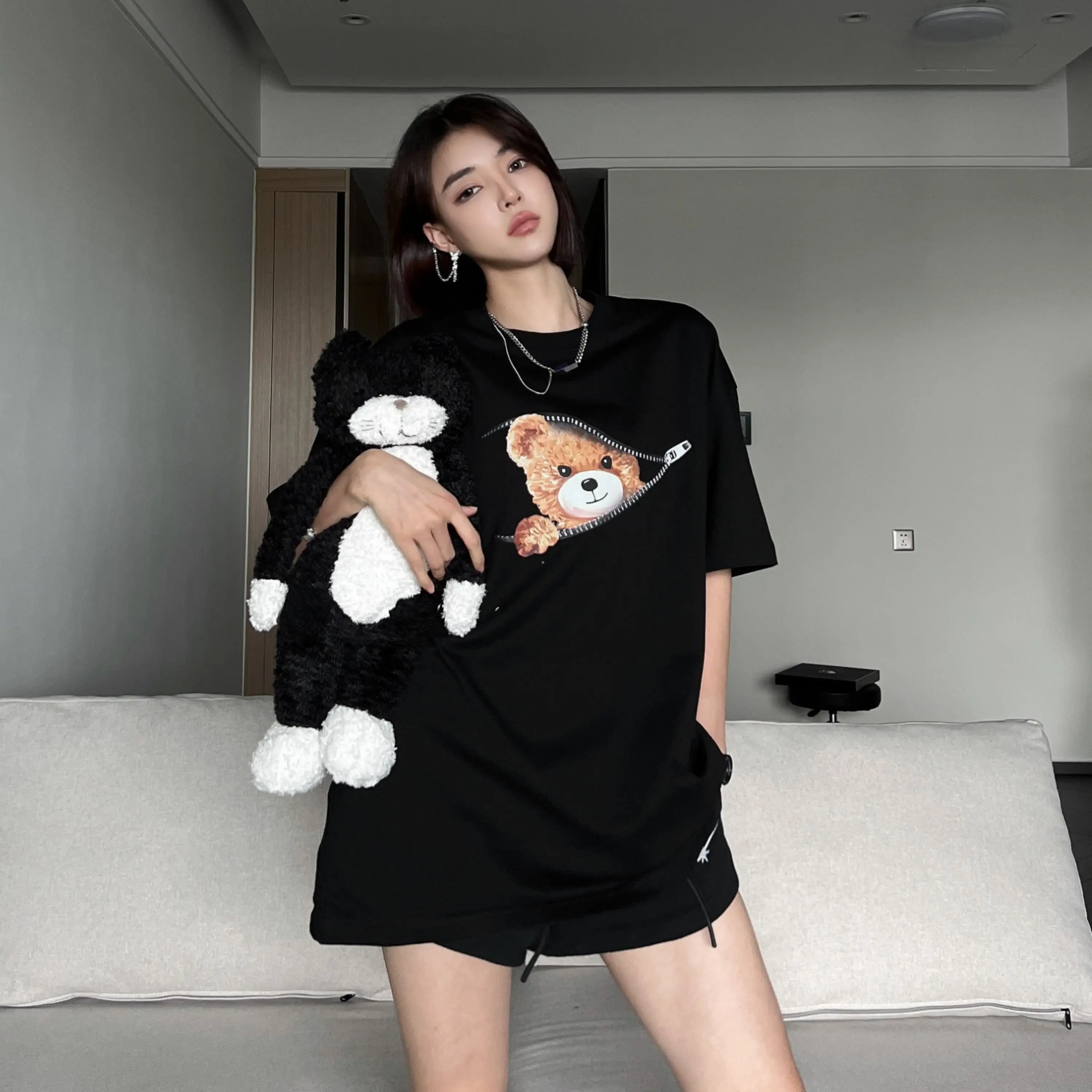 [ Sozo-one ] Bear Streetwear Oversize Tee 240g/m2 Cotton T-shirt SK6019 Casual Crew Neck Unisex Comfort Summer Crew Neck Couple