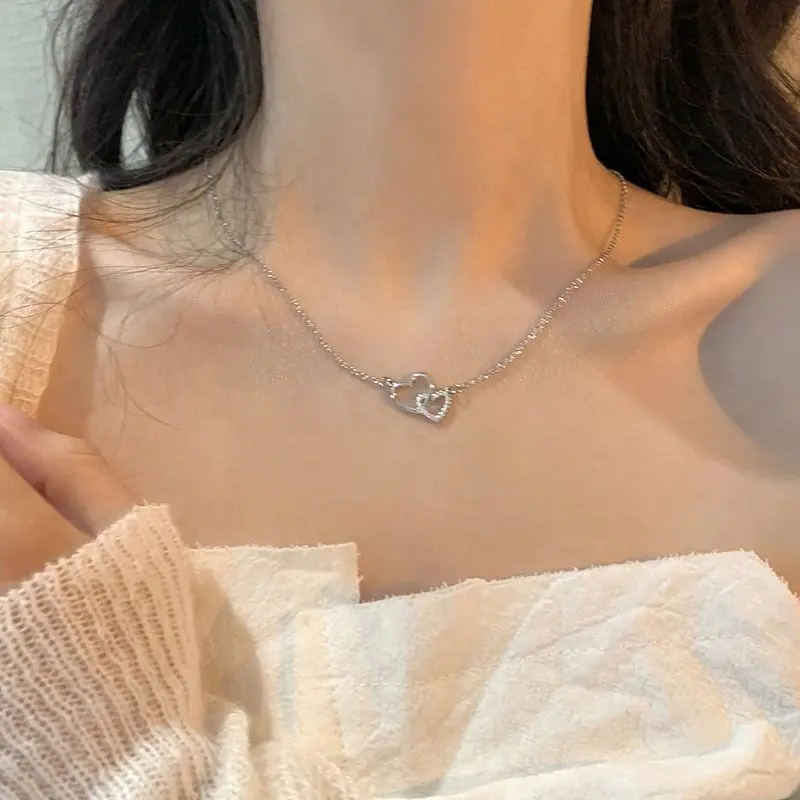 Necklace with Heart Shaped Pendant Double Ring Clavicle Necklace Women Necklace Heart Pendant Best Friend Gift
