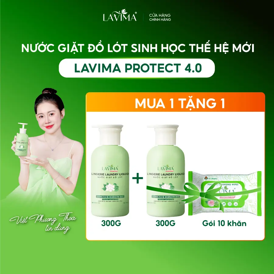 Nước Giặt Đồ Lót Sinh Học Lavima Protect 4.0 x3 Enzym Sinh Học Làm Sạch Vết Ố, Kháng Khuẩn, Kháng Nấm Candida, Chai 300ml