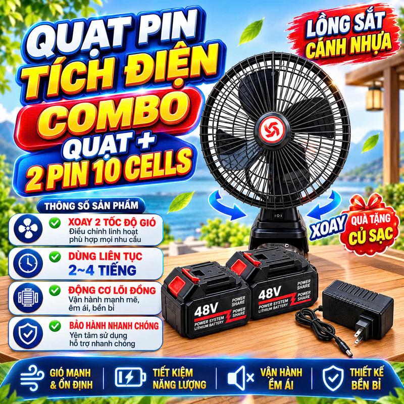 [ Quạt Xoay 2 Pin 10cell ] Quạt Tích Điện 2 Pin 10cell - Có 2 Nấc Chỉnh Gió, Có Quay Đảo Chiều Sử Dụng Chân Pin Phổ Thông 4cm Hoạt Động Bền Bỉ Tiện Lợi