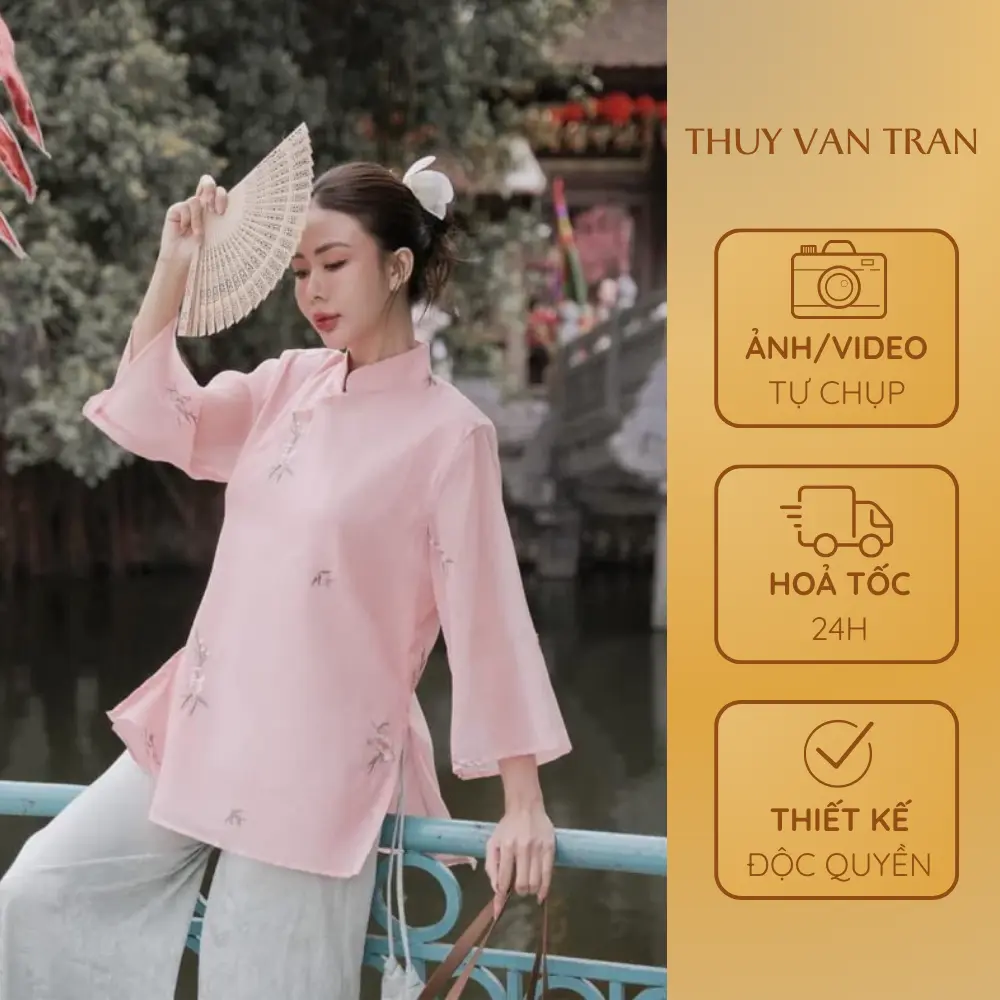 THUYVANTRAN Set đi lễ áo cài chéo quần suông