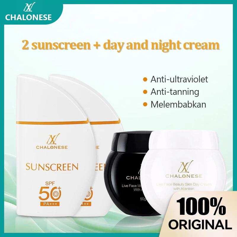 CHALONESE Paket Skincare Sunscreen Cream Moisturizer BPOM ( Sunscreen SPF 50Pa+++ + Day & NIght Cream) Pelembab Wajah Anti-UV Facial Hitam 0
