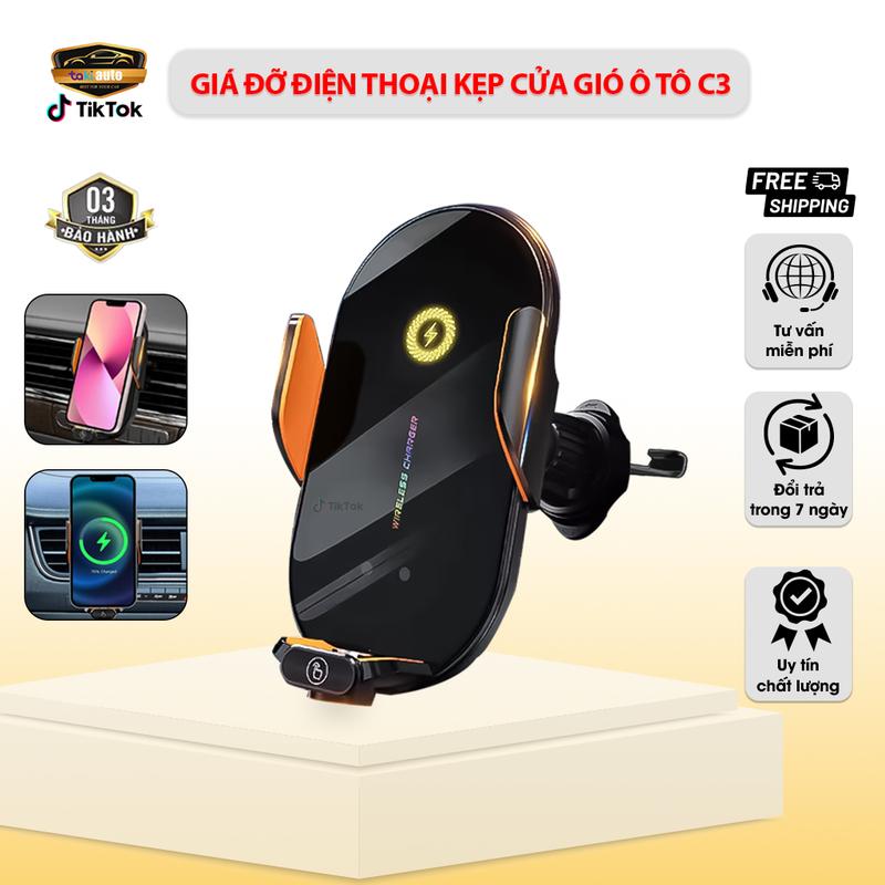 Giá đỡ điện thoại trên ô tô C3, kẹp giữ điện thoại tự động kèm sạc không dây gắn cửa gió điều hòa xe hơi xoay 360 độ