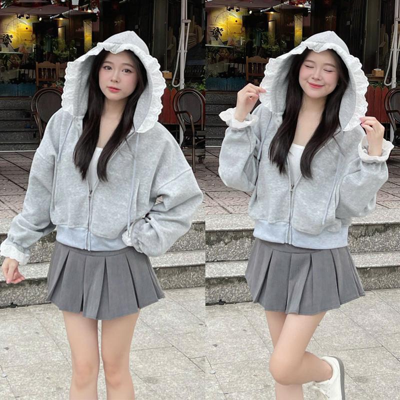 083 Áo Hoodie Zip dáng lửng croptop phối ren dễ thương siêu xinh Áo khoác nỉ nữ hoodie cute siêu hot