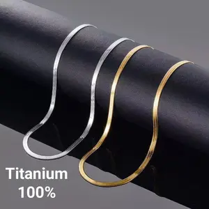 Kalung Titanium Anti Karat Model Gepeng Pipih Tiga Warna Gold dan Silver