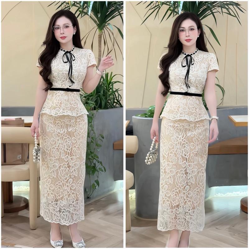   HÀNG SẴN  - B78 - Set Váy Ren Dáng Dài Mix Áo Cổ Nơ Thiết Kế - LYNA 