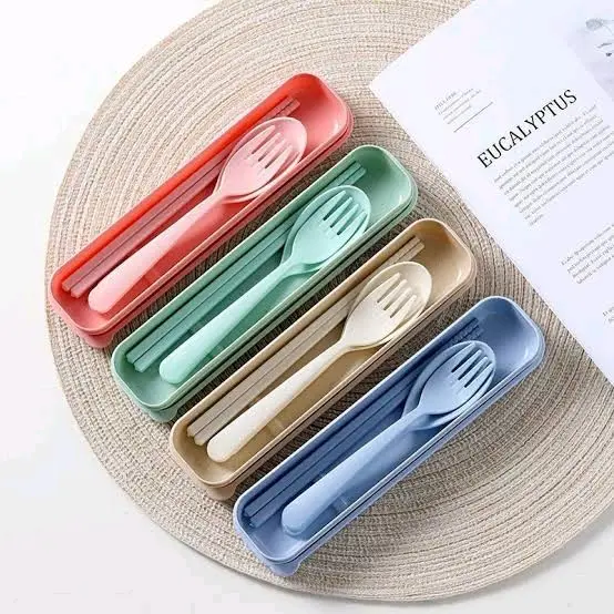 Set Tempat Sendok Garpu Sumpit Portable Jerami Gandum Portabel - Alat Makan Anti Penyakit Menular - Kitchenware