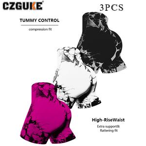 CZGUKE Conjunto de 3 pcs para Mujer Verano Shorts de Tiro Alto Efecto Realce de Cadera Ajustados Sin Costuras Shorts Tie-Dye Moda Ejercicio Gimnasio Yoga