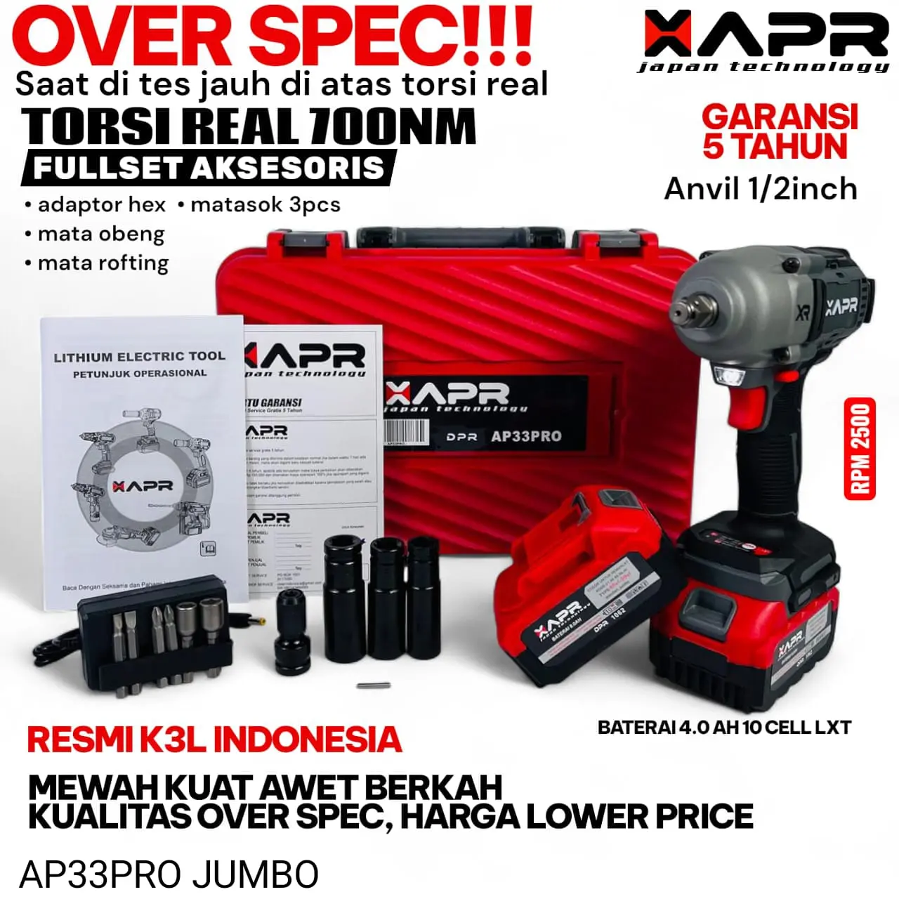 APR Raja Impact Wrench Jumbo AP33 Pro 1800nm Impeks Kuat Mobil Motor Mesin Truck Xapr Fullset Koper 2 Baterai ACC Garansi 5 Tahun