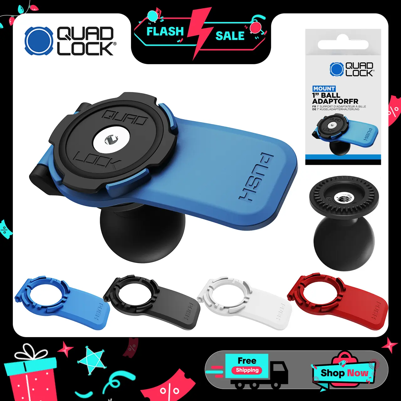 QUAD LOCK Motorcycle-1sv" Ball Adaptor Mount QuadLock Phone  Cellphone  Smartphone mounts 360 mounts