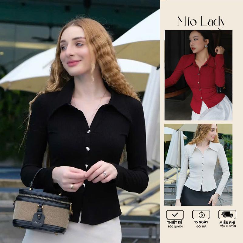  Mio Lady Áo Sơ Mi Len Tăm Mỏng Nữ Tay Dài Cổ Đức Cúc Kim Loại Thời Trang Thanh Lịch Chất Thun Tăm Hàn co giãn 4 chiều tôn dáng 
